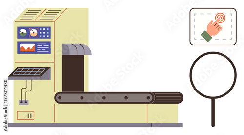 Industrial conveyor belt with control panel, monitoring gauges, and magnified touch screen element. Ideal for manufacturing, innovation, technology, process management, automation, industry