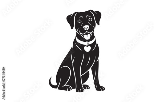 Black silhouette of a happy dog sitting with a heart collar