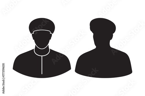 Two silhouette figures wearing traditional headwear and clothing