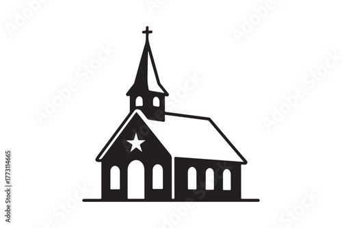 Silhouette of a classic country church with a steeple and star