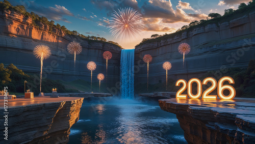 AI-generated image of a landscape, Celebrating the new year 2026 at a waterfall