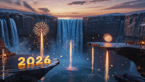 AI-generated image of a landscape, Celebrating the new year 2026 at a waterfall