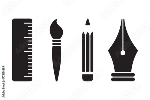 Black silhouette icons of art and design tools