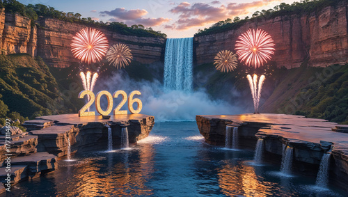 AI-generated image of a landscape, Celebrating the new year 2026 at a waterfall