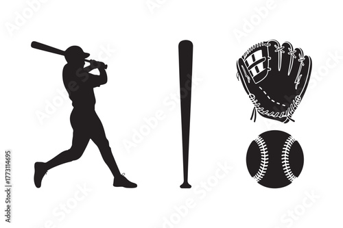 Silhouette of a baseball player swinging a bat with equipment