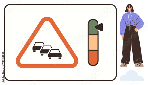Traffic sign indicating vehicle congestion with a progress bar showing alert levels. Person standing nearby in casual attire. Ideal for traffic updates, road safety, alerts, urban planning, public