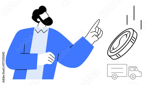 Man gesturing at a flying coin and a delivery truck, symbolizing money flow, online shopping, e-commerce, delivery services, payment systems, digital economy, simple flat metaphor