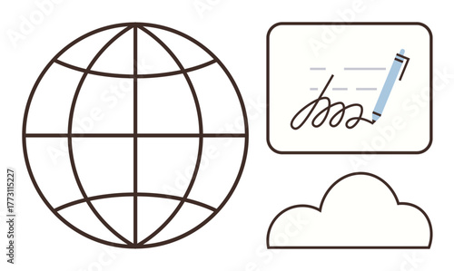 Globe representing global reach, a digital signature on a document, and a cloud icon emphasize themes of technology, networks, security, and data storage. Ideal for digital presence, remote access