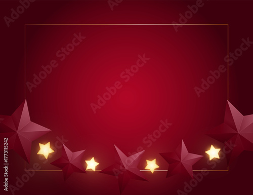 Christmas background design with yellow glowing stars and paper stars. Dark red backdrop with space for text. Vector flyer or banner template.