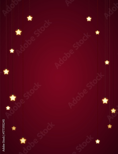Christmas background design with yellow glowing stars. Dark red backdrop with space for text. Vector flyer or banner template.