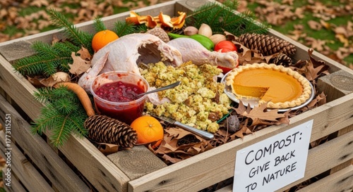 Compost bin with Thanksgiving food scraps amidst fallen leaves outdoors
