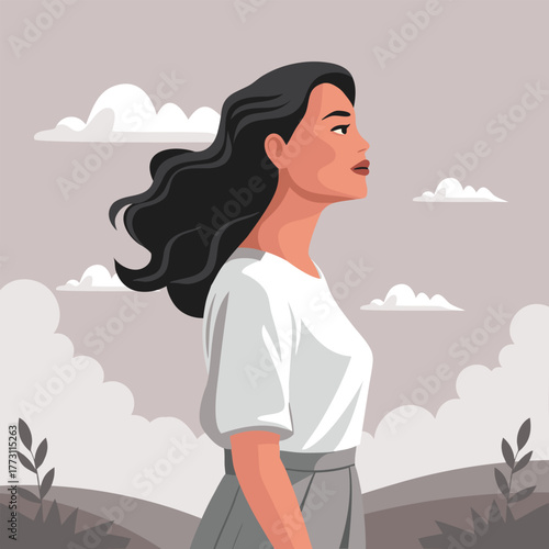 Beautiful woman looking up at the sky. Empowered woman looking towards the future. Illustration.