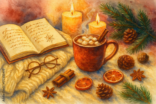 - Cozy watercolor winter still life with book, hot cocoa, candles in warm tones