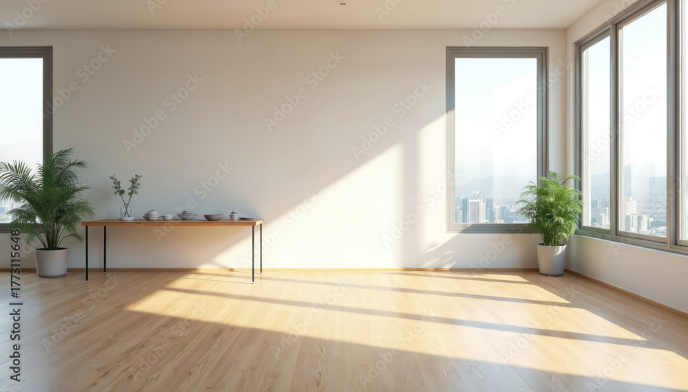 Fototapeta premium Bright empty room with panoramic windows has modern design. Interior with wood floor, table and plants. Nobody inside. Sunlight shines through the windows on a sunny day. Cityscape view.