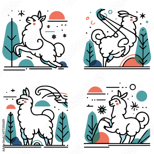 Llamas dancing and jumping surrounded by colorful geometric shapes  