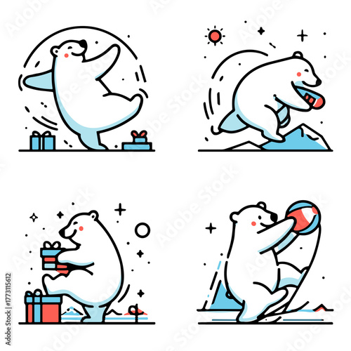 Playful polar bears celebrating winter with gifts and activities  