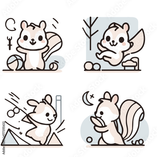 Cute chipmunk playing with toys in cartoon style background  