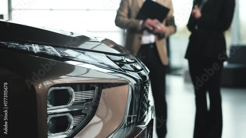 A car salesperson talks with a client and helps them choose the right vehicle in a modern showroom. Concept assisting in car selection.