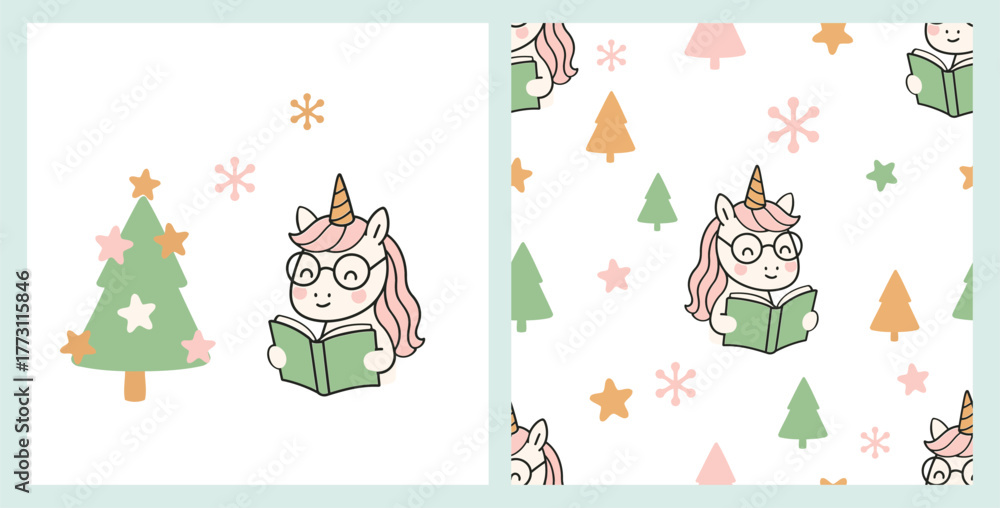 Fototapeta premium Cute unicorn reading book with christmas tree, pastel stars and snowflakes seamless pattern.