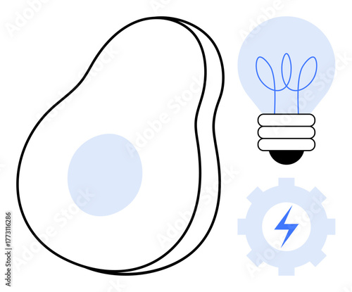 Avocado outline with blue core, lightbulb with filament loops, and gear featuring energy bolt. Ideal for innovation, sustainability, creativity, technology, efficiency health clean energy. Simple