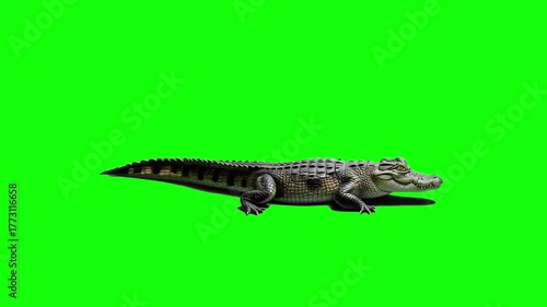 3D realistic giant aggressive Crocodile Reptile Walking with shadow on the ground Loop Animation with side View on Chroma Key, 4K dangerous Crocodile Animal on Green Screen, easy to remove background