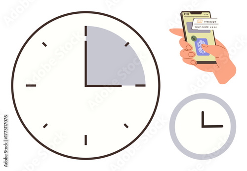 Large clock with shaded segment representing elapsed time, hand holding smartphone displaying security code message. Ideal for time tracking, deadlines, productivity, digital security, two-factor