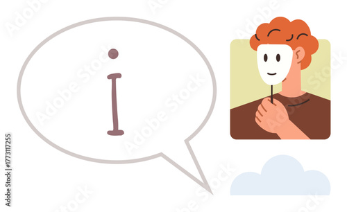 Person holding a mask near their face, large speech bubble with i inside. Ideal for transparency, identity, self-expression, honesty, deception, communication clarity. Simple flat metaphor