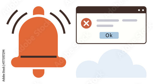 Vibrating orange bell, error popup window with Ok button, and cloud symbol. Ideal for alerts, updates, cloud computing, notifications, user interface technology issues and error messages. Simple