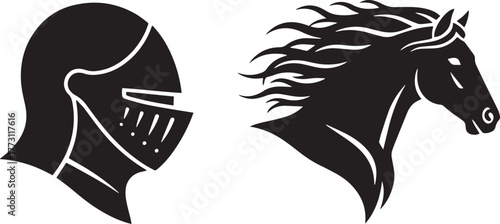 Medieval Knight Helmet Profile and Galloping Horse Head Silhouette Vector Emblems"