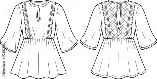 Women’s dress fashion design, front and back view garment illustration, ruffle trim, keyhole neckline, crisscross back, technical apparel drawing, cad drawing flat vector illustration