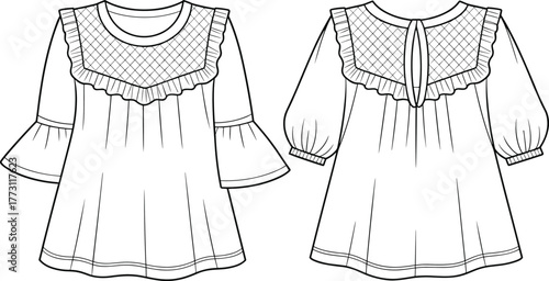 Women’s blouse fashion design, front and back view garment illustration, quilted yoke, ruffle trim, keyhole back, technical apparel drawing