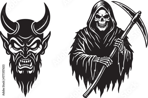 Fierce Horned Devil Head and Ominous Grim Reaper with Scythe Vector Art Duo"