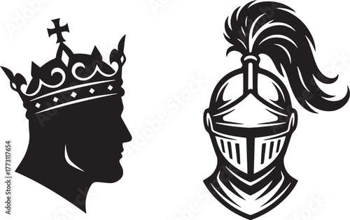 Regal King Silhouette in Crown and Knight Helmet with Plume Vector Emblem Duo"