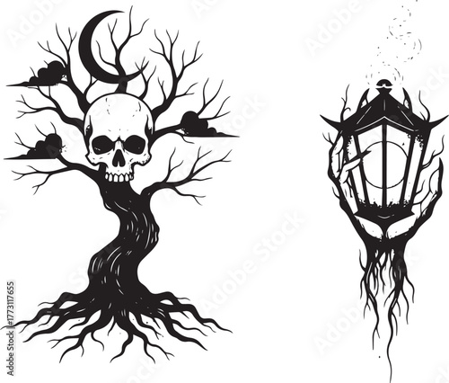 Dark Gothic Dead Tree with Skull and Moon, and Rooted Hand Holding Lantern Vector Design"