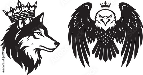 Crowned Wolf Head Profile and Majestic Crowned Eagle with Spread Wings Vector Logo Duo"
