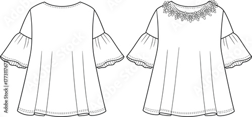 Women’s blouse fashion design front and back view, short flared ruffle sleeves, lace neckline detail, garment construction technical drawing