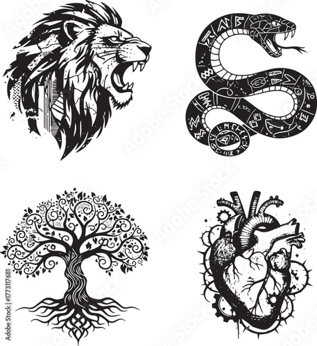 Roaring Lion, Occult Snake, Tree of Life, and Steampunk Heart Black Vector Art Set"
