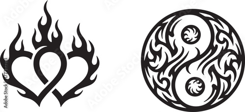 Tribal Symbolism Duo: Interlocking Flaming Hearts and Fire Yin Yang
