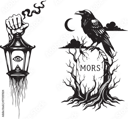 Dark Occult Symbolism: All-Seeing Eye Lantern and Raven on Gravestone