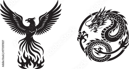 Mythical Duo: Phoenix Rising from Flames and Coiled Dragon Circle
