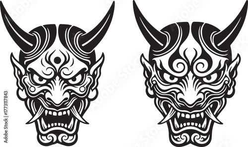 Dual Japanese Hannya Demon Mask Design - Vector Illustration