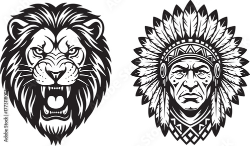 Power and Valor: Roaring Lion Head and Native American Chief in War Bonnet