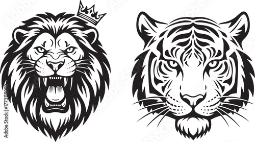 Kings of the Jungle: Roaring Crowned Lion and Fierce Tiger Head Emblem Duo