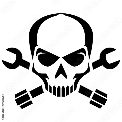 Vector Art Minimalistic Skull with Crossed Spark Plugs Black and White Tattoo Emblem Design