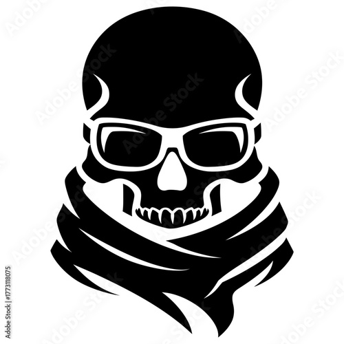 Clipart Skull with Goggles and Scarf in Black and White Minimalist Style for Tattoo or Logo Design
