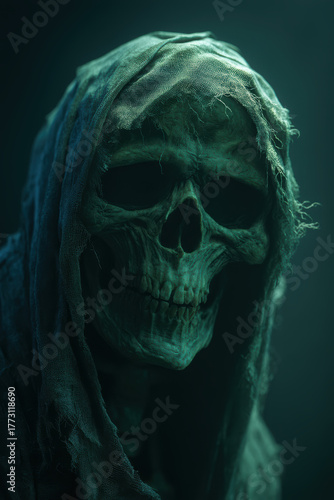 Ethereal Green Skull Draped in Tattered Fabric Amidst Gloom for Macabre Remembrance or Horror Concept