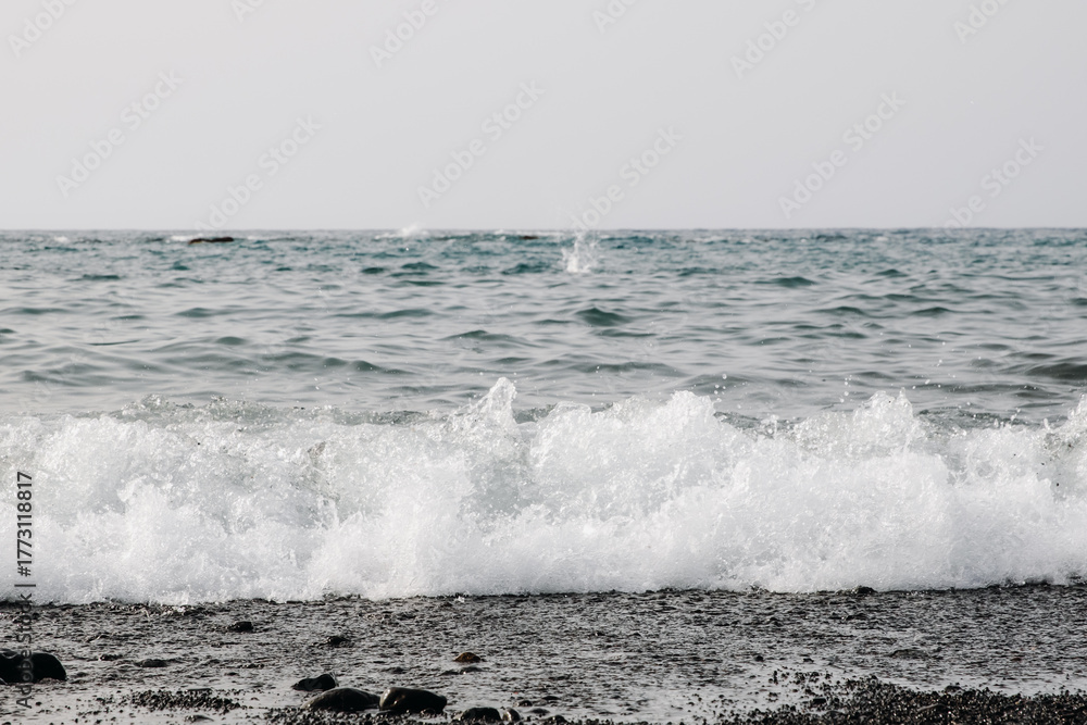Fototapeta premium A view of a wave rolling into the ocean on a black volcanic beach.