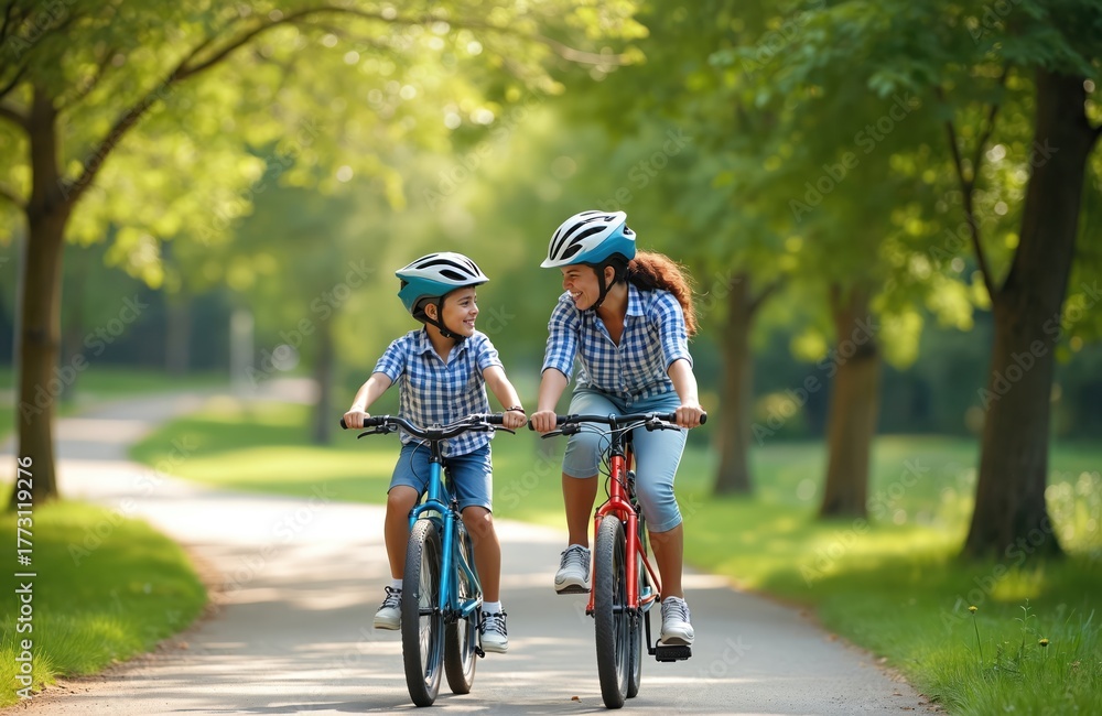 Obraz premium Mother, son ride bicycles on paved park path in sunny summer weather. Both wear safety helmets, smiling, talking, sharing happy moment together. Family activity promotes health, wellness, outdoor