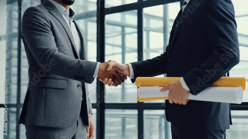 Business Deal: Two Businessmen Shaking Hands with Architectural Blueprints in Modern Office Setting, Collaboration and Partnership Agreement, Success and Professionalism