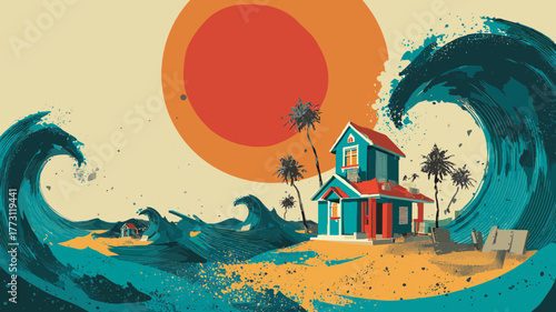 A vector graphic with symbolic elements commemorating the 20th anniversary of the 2004 Indian Ocean Tsunami, focused on memory and lessons.